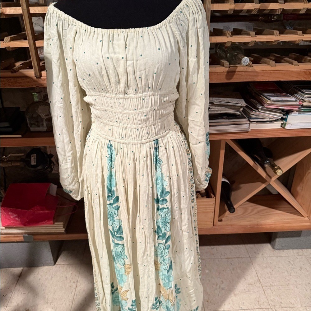 LOFT Cream Teal Floral Polka Dot Smocked Waist Maxi Dress 38551864 S